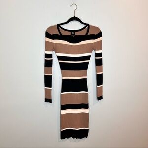 Derek Heart Women’s Tan Black Striped Long Sleeve Knit Dress Scoop Neck Size M